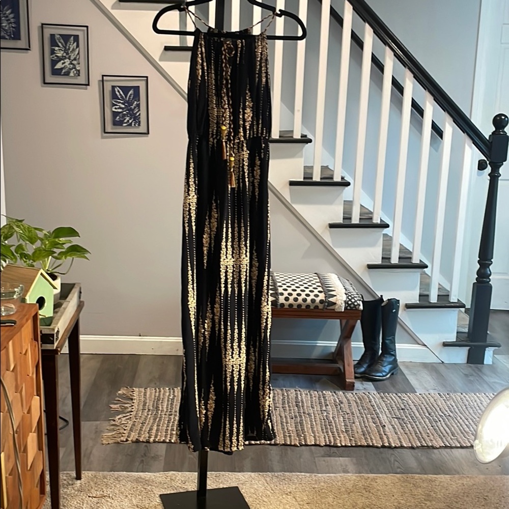 Silk Blend Navy Blue and Cream Maxi Dress